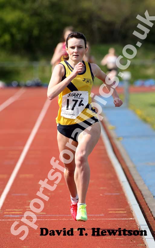 Sarah McDonald wins the 800 metres, Shildon Track and Field.
